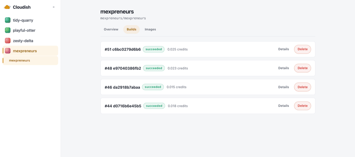 The Cloudish dashboard showing a project's build history